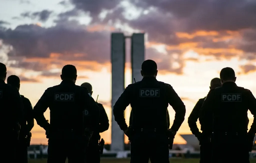Policiais vistos de costas em formação diante do Congresso Nacional ao entardecer, rostos virados para longe.