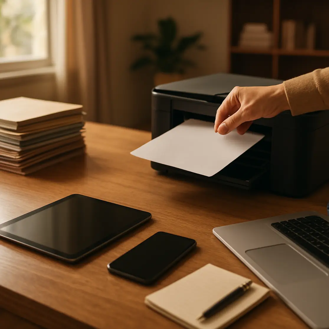 Escritório doméstico amplo com vários dispositivos, pilhas de papéis e mão alimentando scanner, ambiente organizado