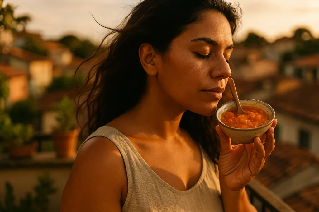 Peles morenas: como clarear manchas do rosto naturalmente Mulher morena em perfil parcial segurando tigela de papaia e mel no balcão ao pôr do sol