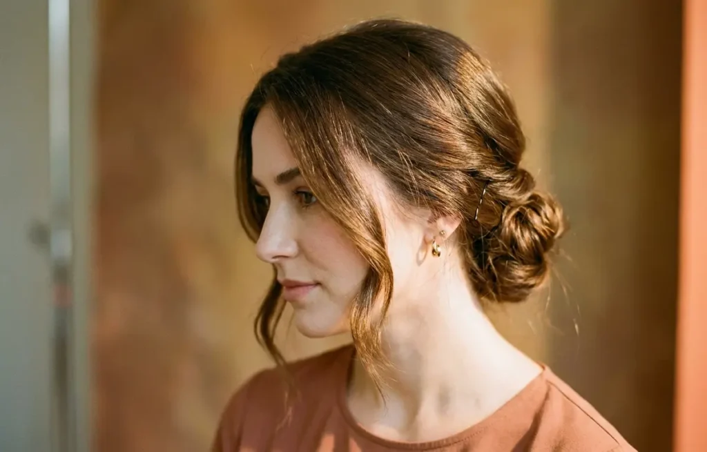 Mulher em 3/4 exibindo penteado preso elegante e rápido, coque baixo torcido com fios soltos