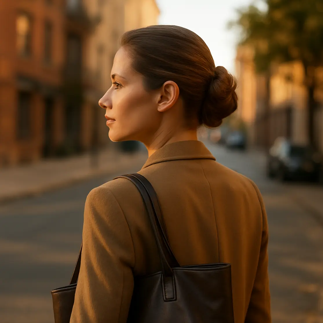 Perfil de mulher saindo de casa com penteado preso elegante, luz dourada realça os fios
