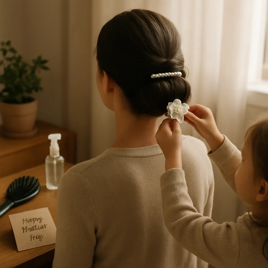 Mãe de costas com penteado preso e criança colocando uma flor no coque, mesa com kit de styling ao lado