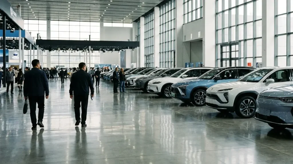 Salão de automóvel de Pequim com fileira de carros elétricos chineses e visitantes de costas