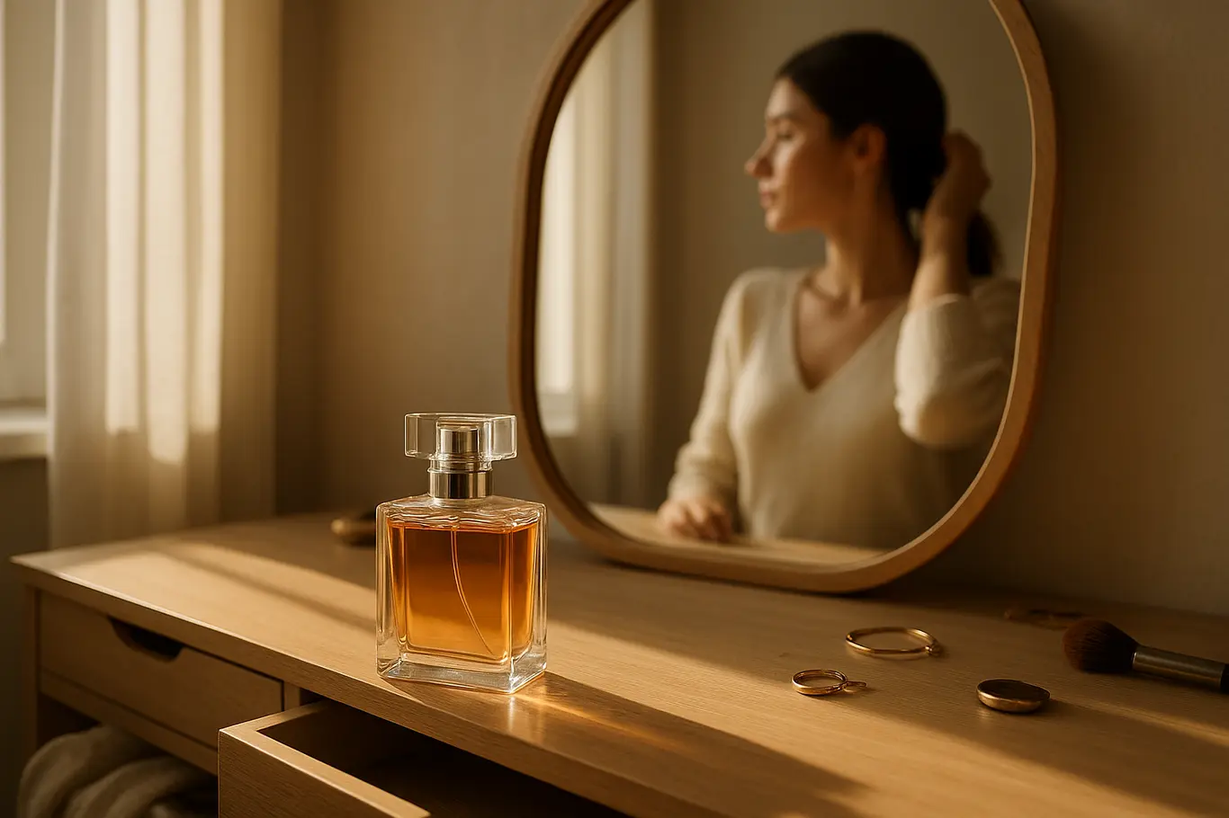 Bancada com frasco de perfume em primeiro plano e mulher de perfil refletida no espelho, cenário doméstico elegante