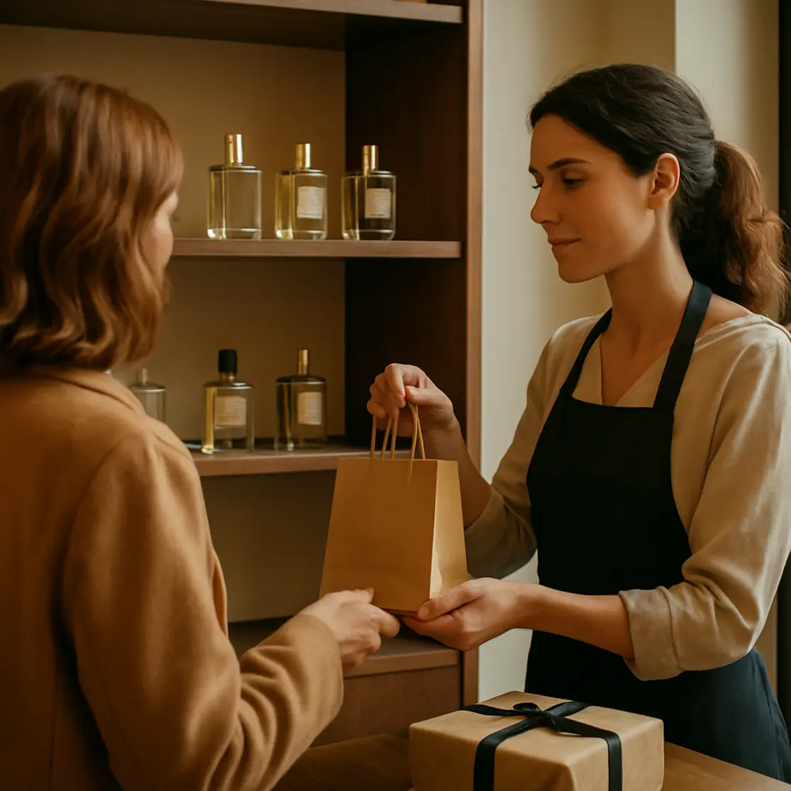 Prateleira de boutique com poucas unidades do perfume e atendente de perfil entregando sacola a cliente de costas