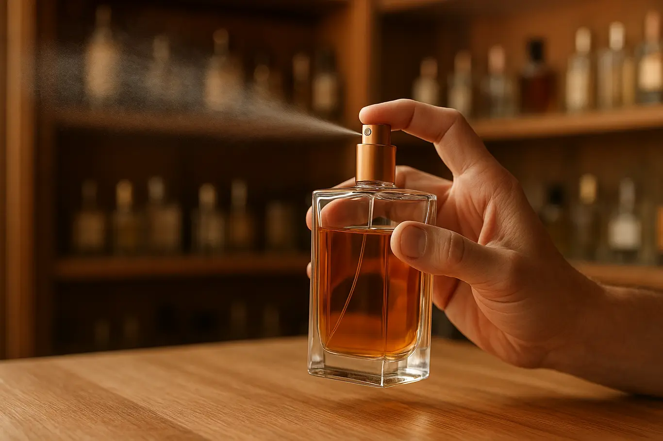 Frasco de perfume nacional com tampa removida e névoa de pulverização, mão em 3/4