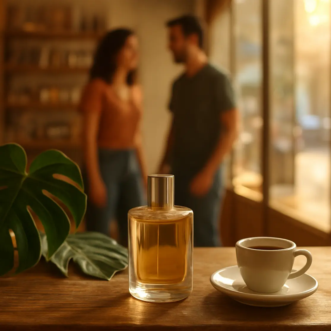 Frasco de perfume nacional em balcão de perfumaria com folhas tropicais e xícara de café