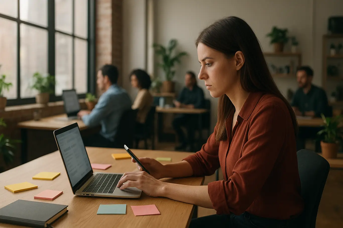 Ambiente de escritório compartilhado com pessoa trabalhando e objetos de mesa