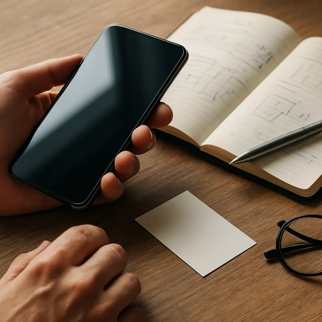 Close-up de mãos, smartphone e caderno sobre mesa de trabalho