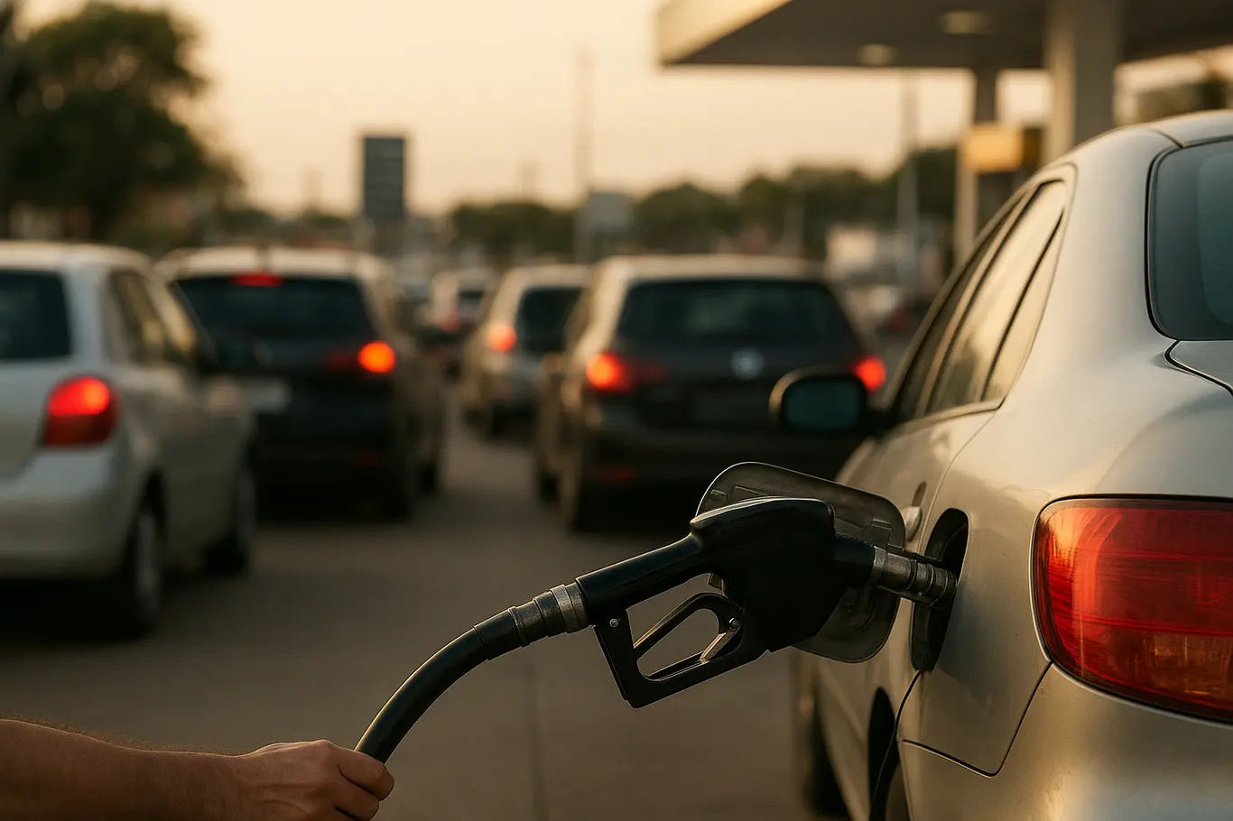 Posto de combustível com fila de carros e bomba abastecendo, mostrando impacto local