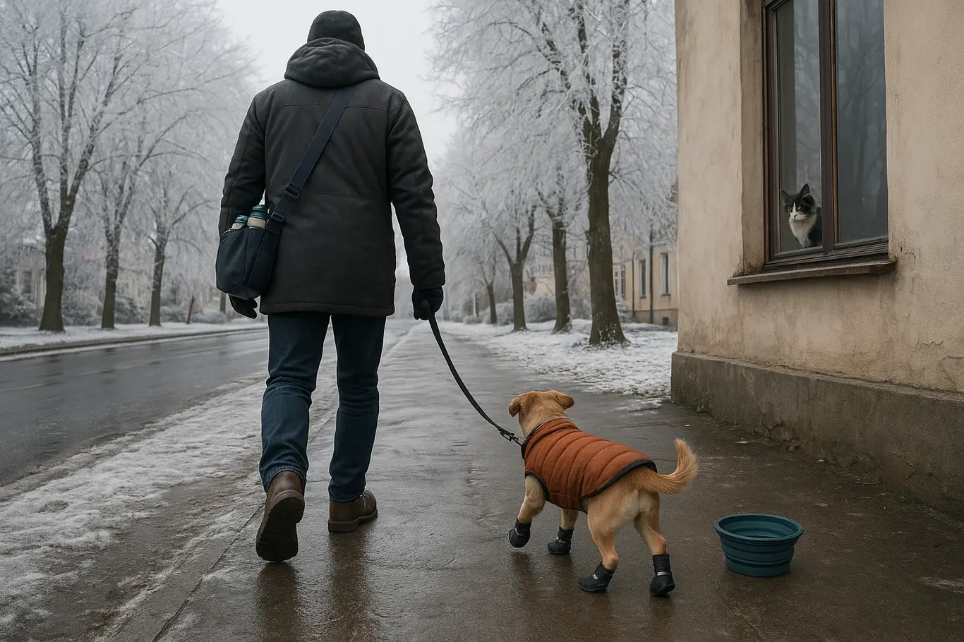 Tutor caminhando com cão de botas em calçada com geada, gato observando da janela