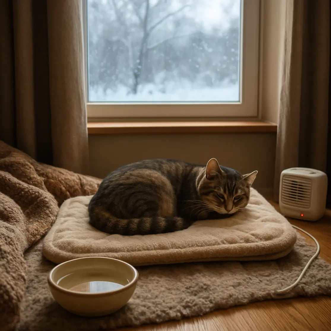Gato enrolado em cama térmica perto de janela com cenário frio do lado de fora