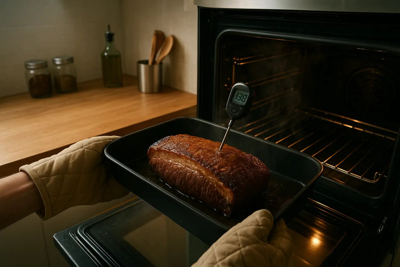 Assadeira com picanha dentro do forno com termômetro e vapor, mãos com luva térmica