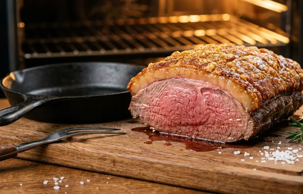 Picanha assada com crosta dourada e corte mostrando interior rosado sobre tábua rústica