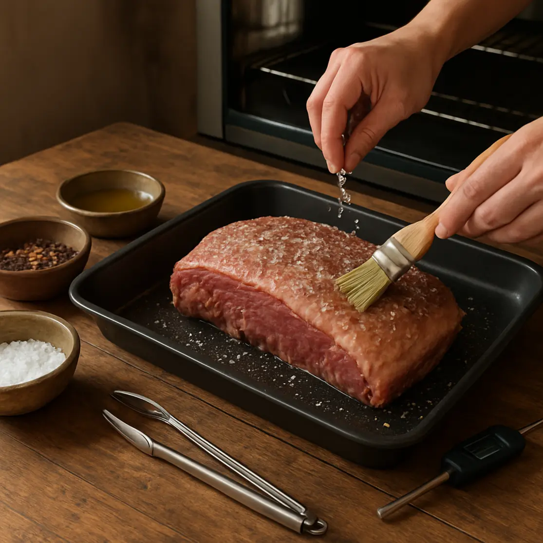 Picanha temperada sobre assadeira com mãos aplicando sal e azeite na bancada