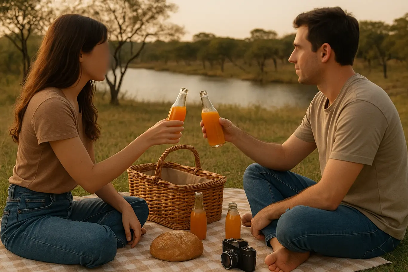 Plano médio de duas pessoas em 3/4 perfil sentadas em manta de picnic, cesto aberto, sucos e pão, lago e árvores ao fundo