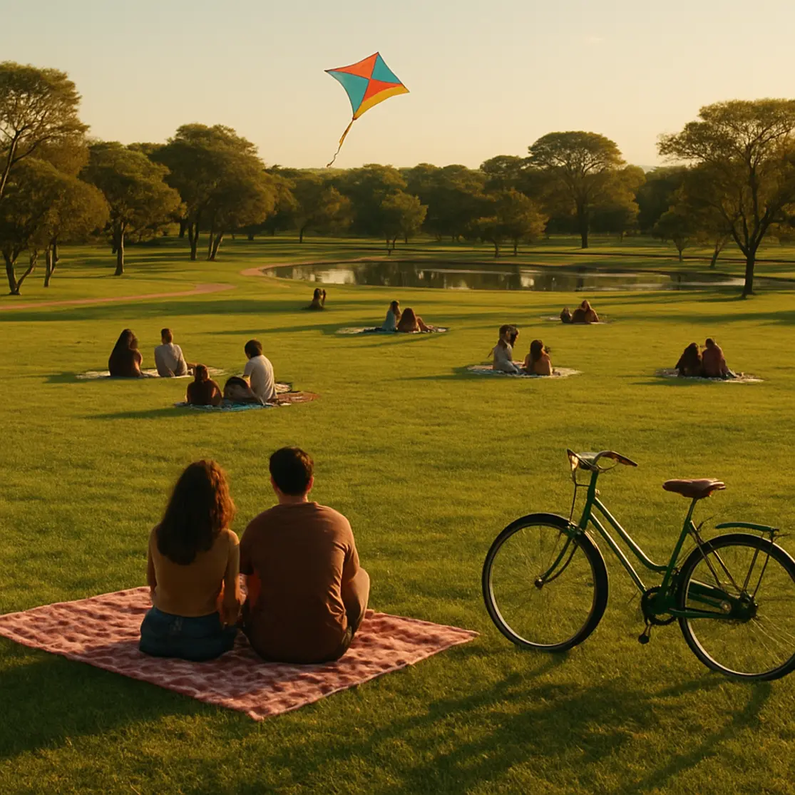 Plano aberto de gramado com várias mantas de picnic, pessoas de costas e silhuetas, bicicleta e pipa no céu, árvores e lago ao fundo