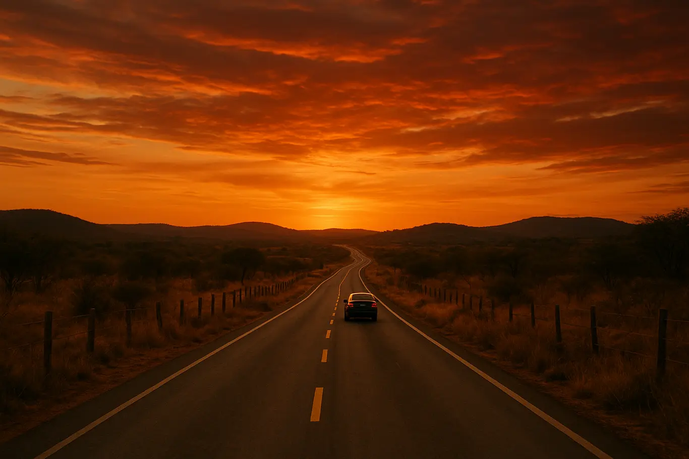 Rodovia sinuosa pelo cerrado com carro pequeno ao longe ao pôr do sol