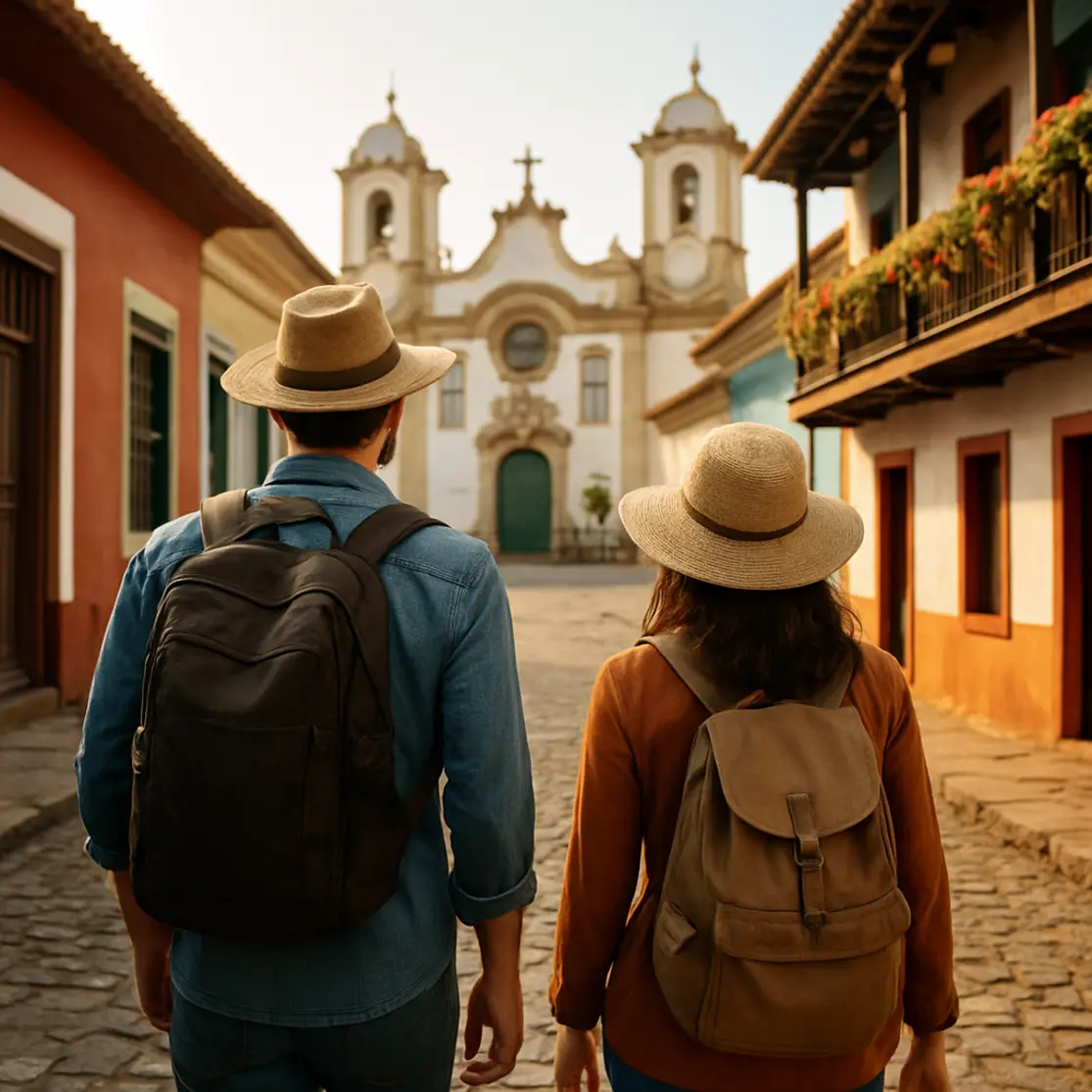 Viajantes de costas caminhando por rua de paralelepípedos no centro histórico de Pirenópolis