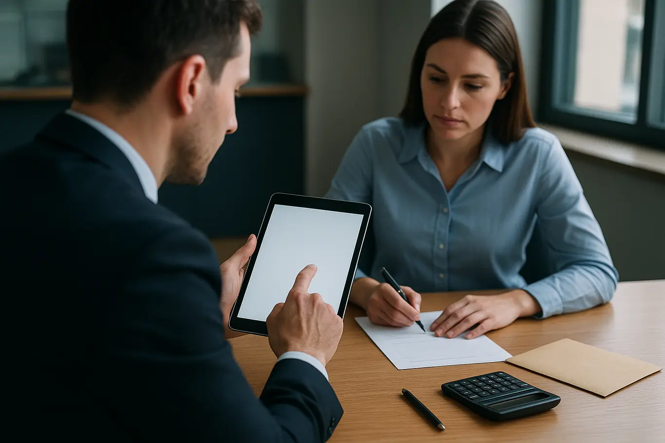Assessor apontando para tablet enquanto cliente faz anotações, cena editorial de avaliação financeira