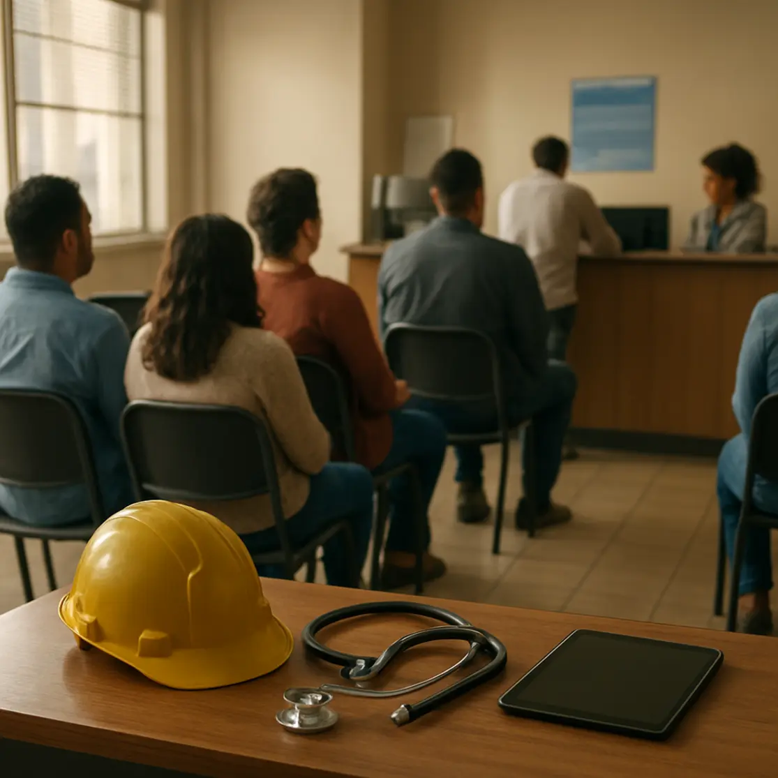 Sala de espera em ambiente de atendimento com itens representando várias profissões, plano aberto