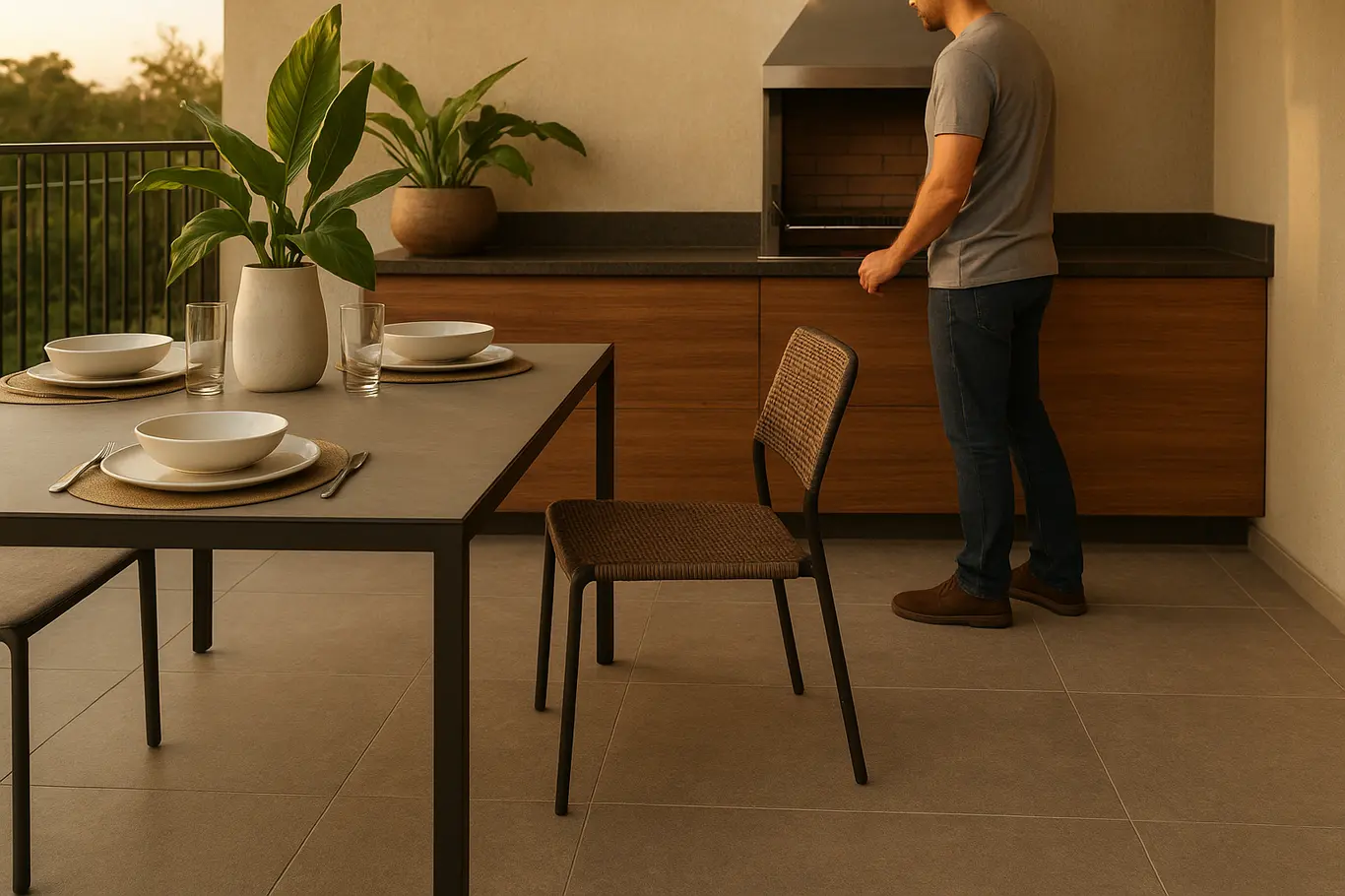 Varanda gourmet em plano médio com porcelanato técnico, bancada de churrasco e pessoa em perfil 3/4