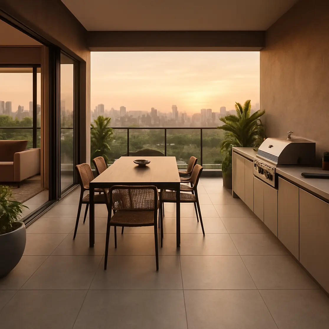 Visão ampla da varanda gourmet ao entardecer com piso em porcelanato técnico cobrindo toda a área