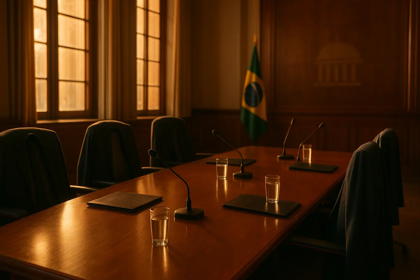 Sala de comissão vazia com cadeiras, casacos e microfones, Congresso desfocado ao fundo.