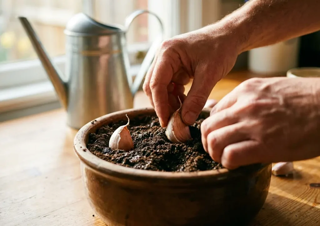 Mãos plantando dente de alho em vaso de cerâmica sobre mesa de madeira