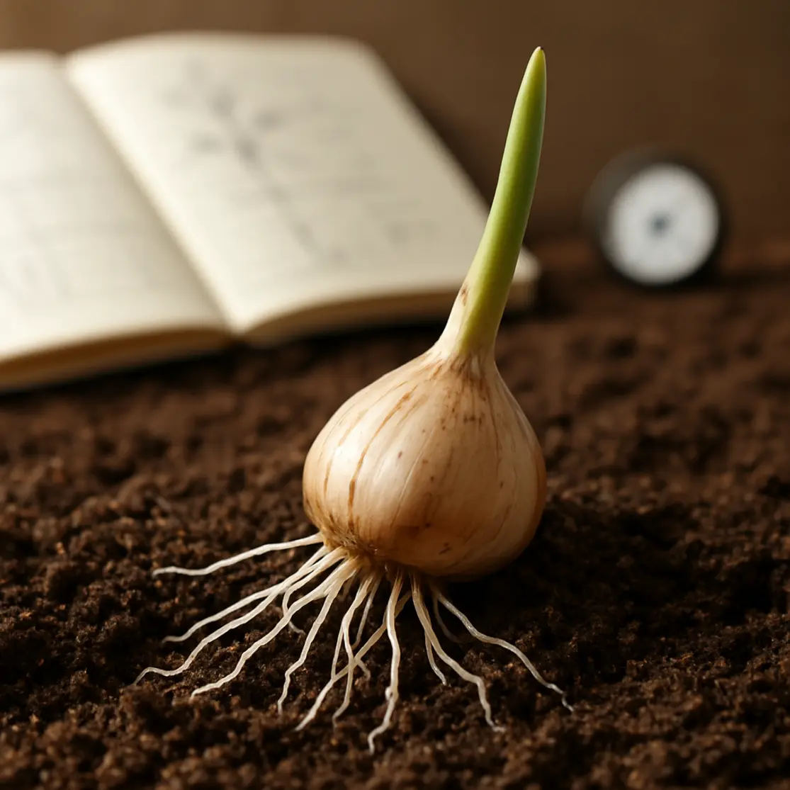 Dente de alho germinando com raízes e broto verdes em close