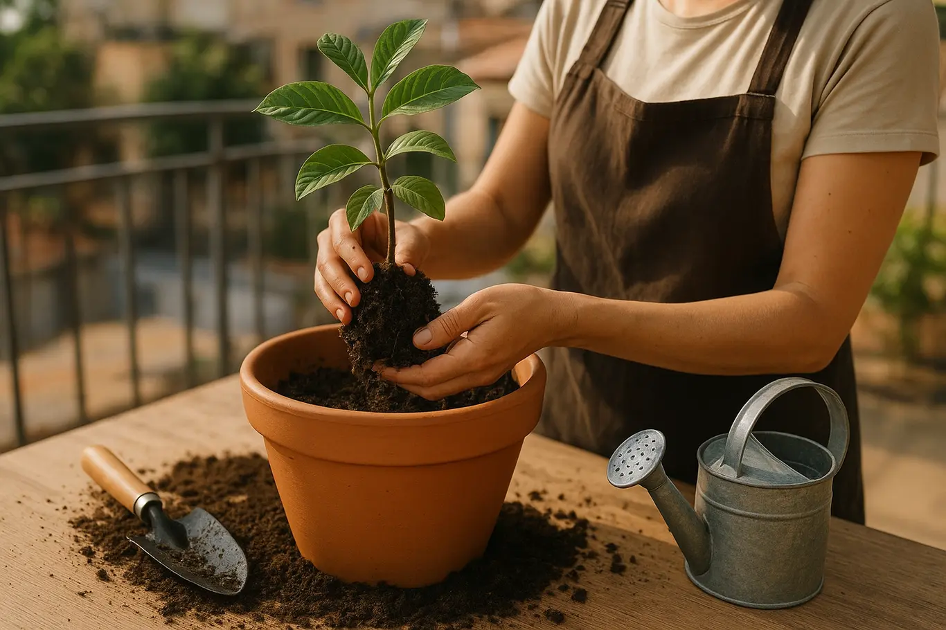 Mãos plantando muda de goiabeira em vaso na varanda
