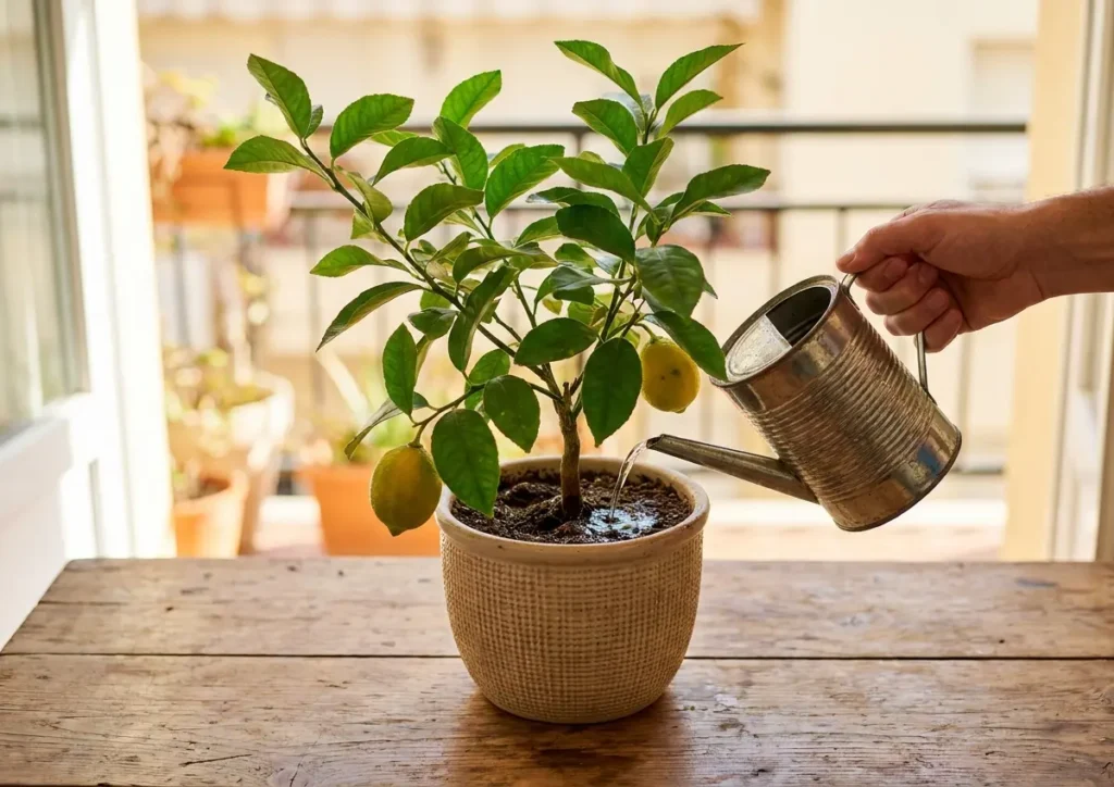 Vaso com limoeiro jovem sendo regado por uma mão em perfil 3/4 em varanda ensolarada