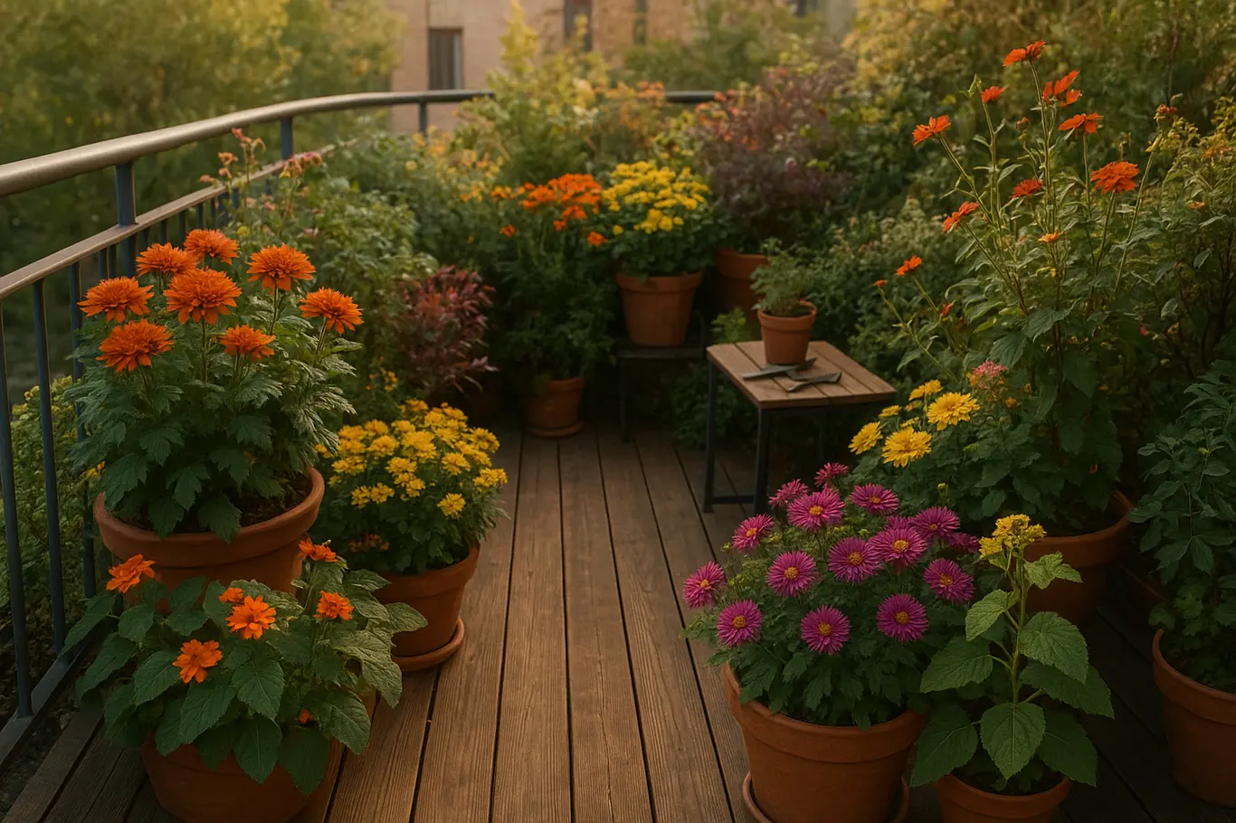 Varanda-jardim com vasos floridos de outono