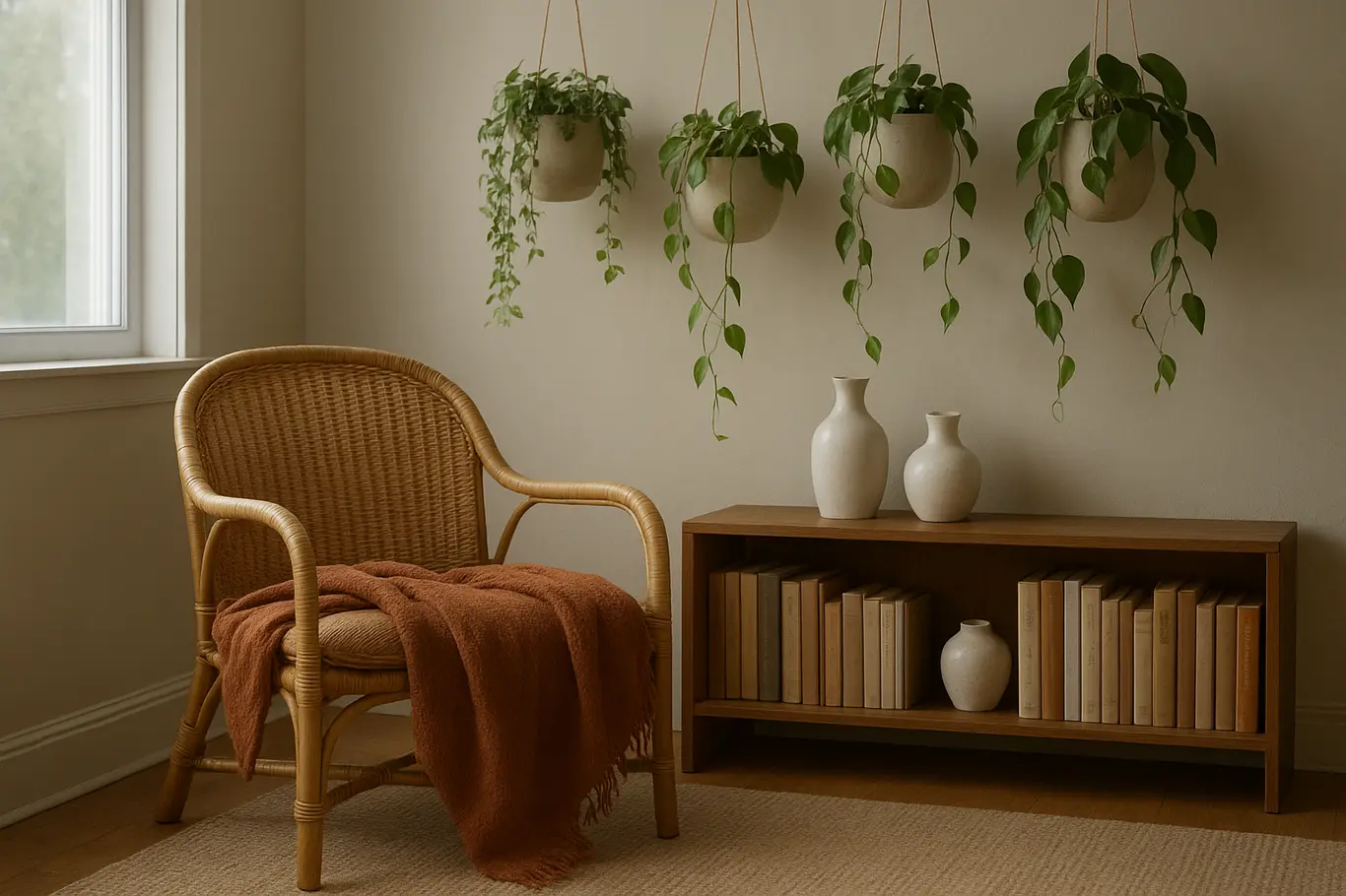 Poltrona de rattan com plantas pendentes e estante baixa em sala iluminada