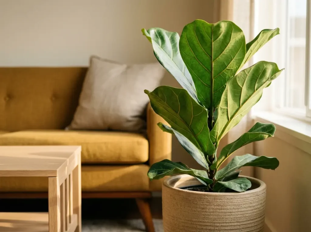 Ficus lyrata em vaso ao lado de sofá em sala com luz dourada