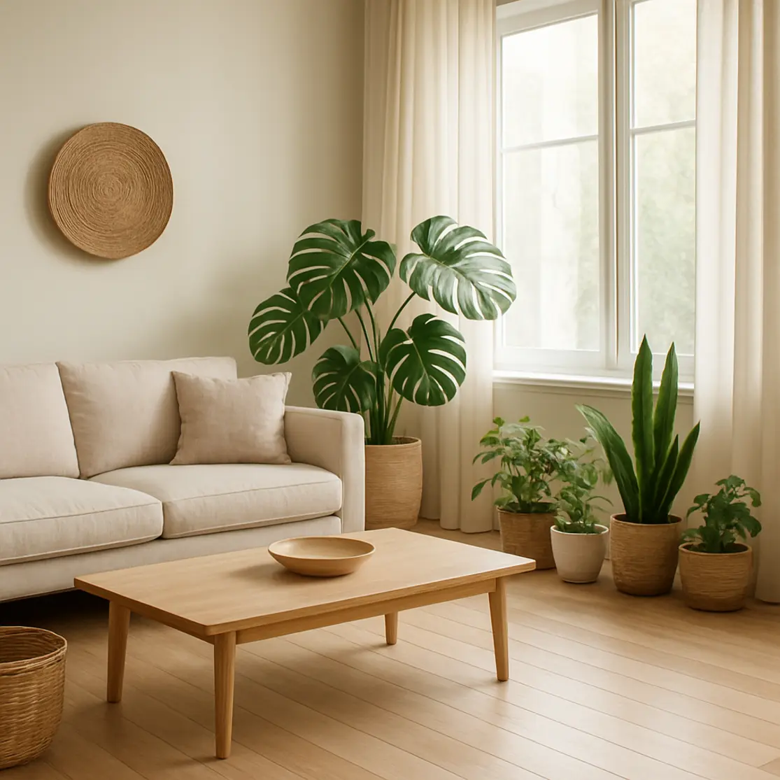Sala ampla com Monstera e vários vasos, estilo natural e arejado