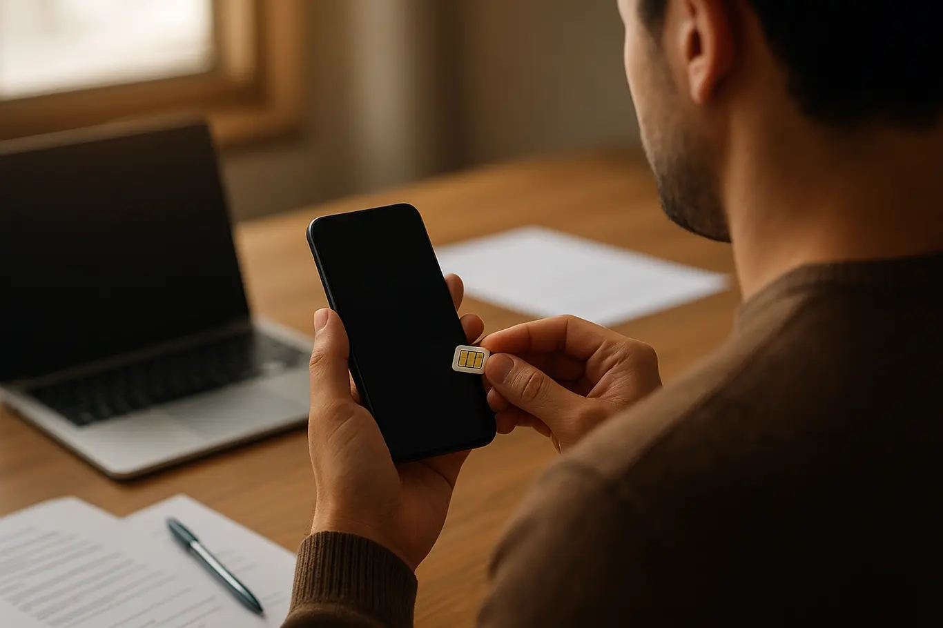 Pessoa de costas inserindo cartão SIM no celular em mesa com laptop