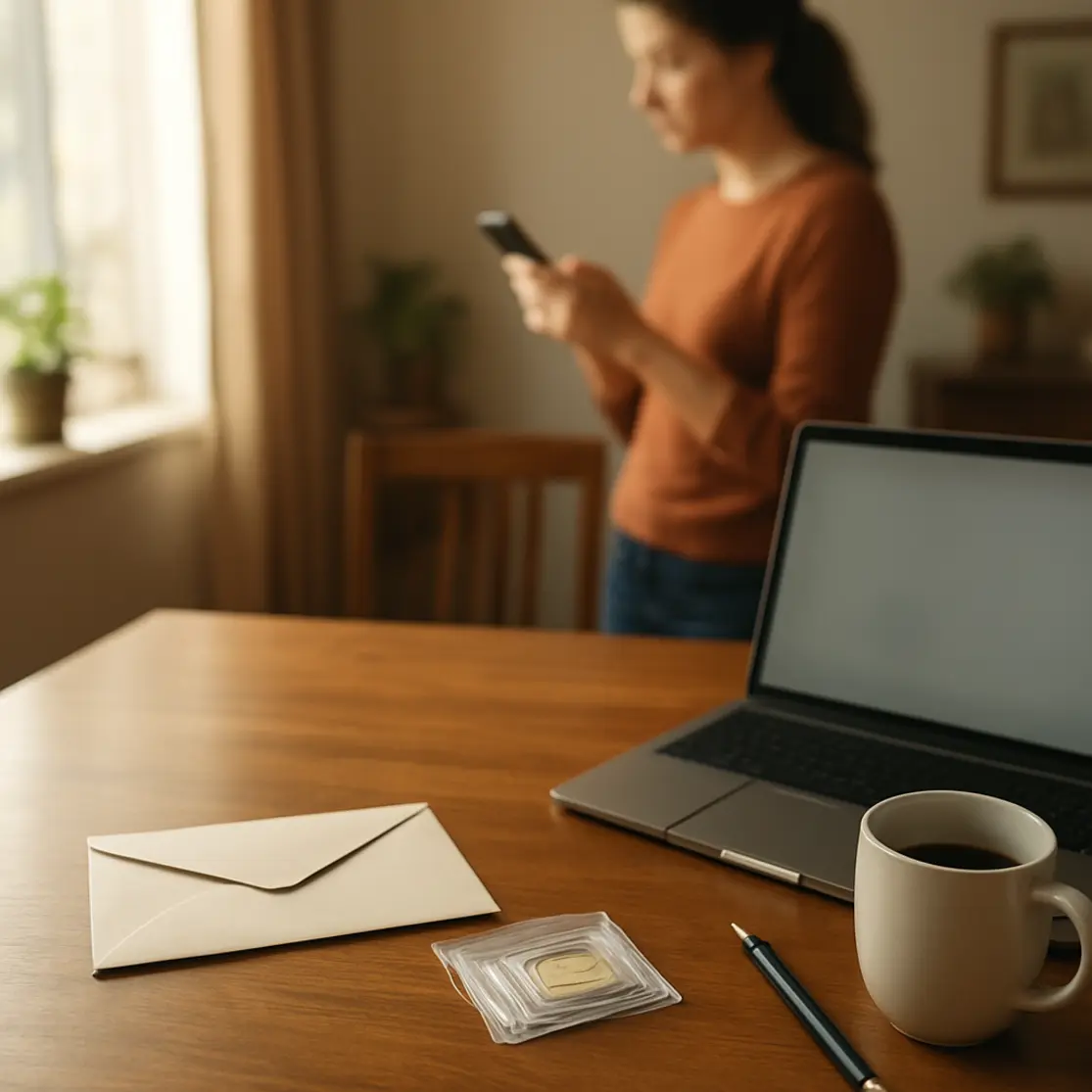 Mesa doméstica com envelope, embalagem de SIM e pessoa ao fundo checando celular