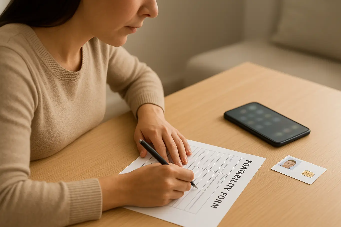Pessoa em perfil preenchendo formulário de portabilidade com celular e SIM sobre mesa, plano médio editorial