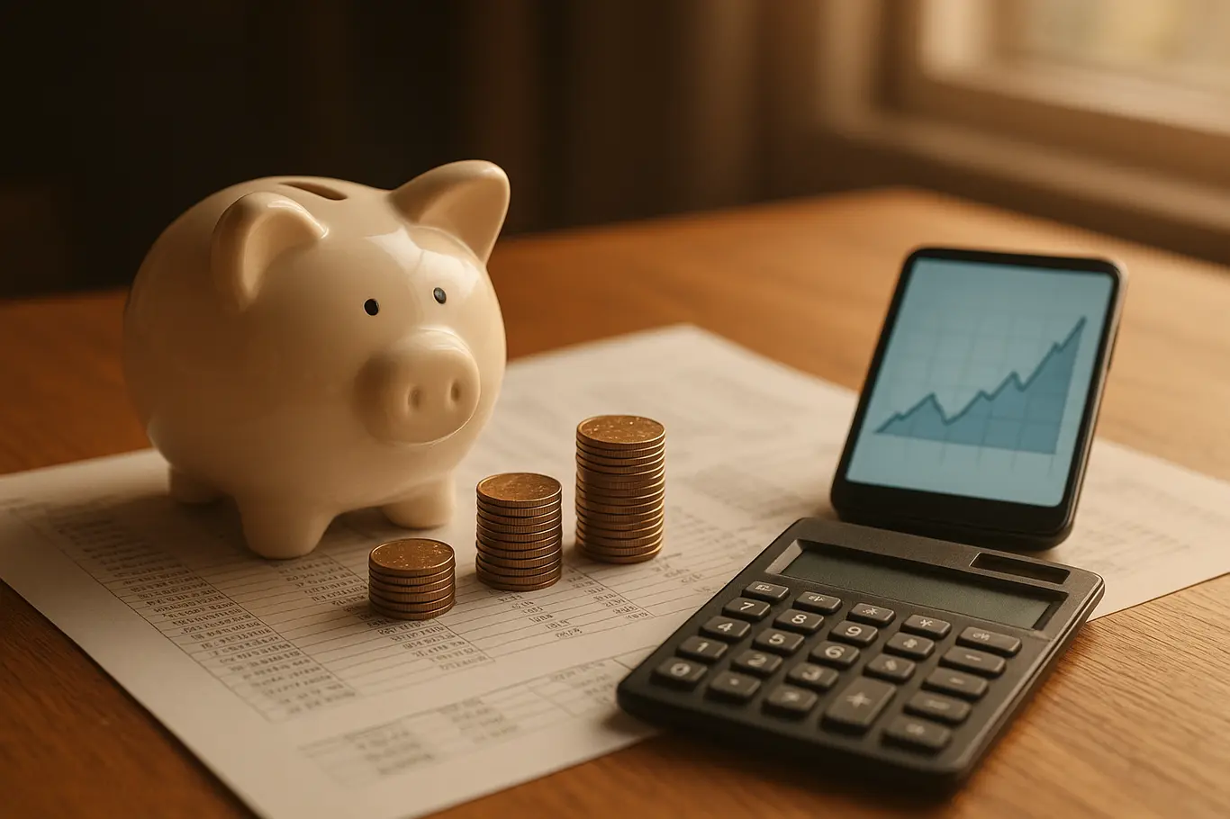 Mesa com cofrinho, moedas, calculadora e smartphone com gráfico