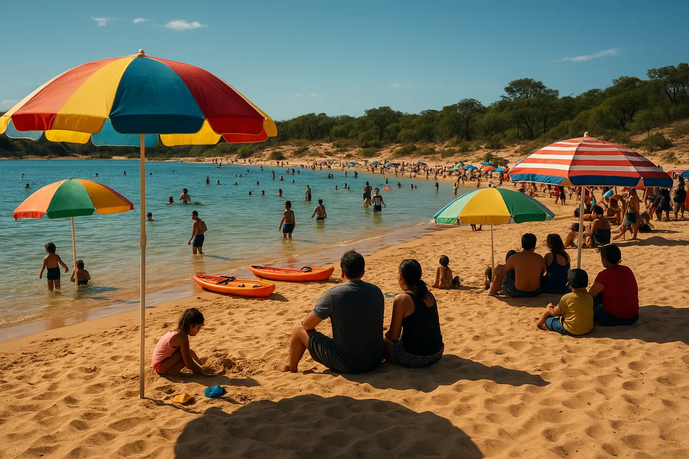 Vista ampla da praia de rio lotada com guarda-sóis e canoas