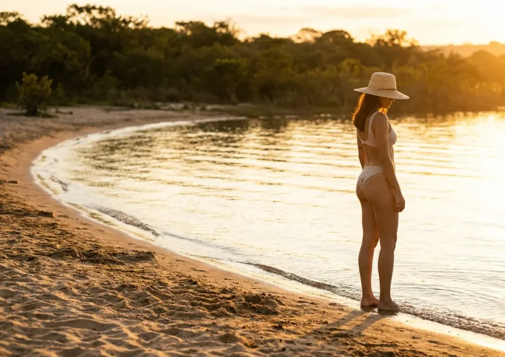 Banhista em 3/4 na praia de rio perto de Brasília ao pôr do sol