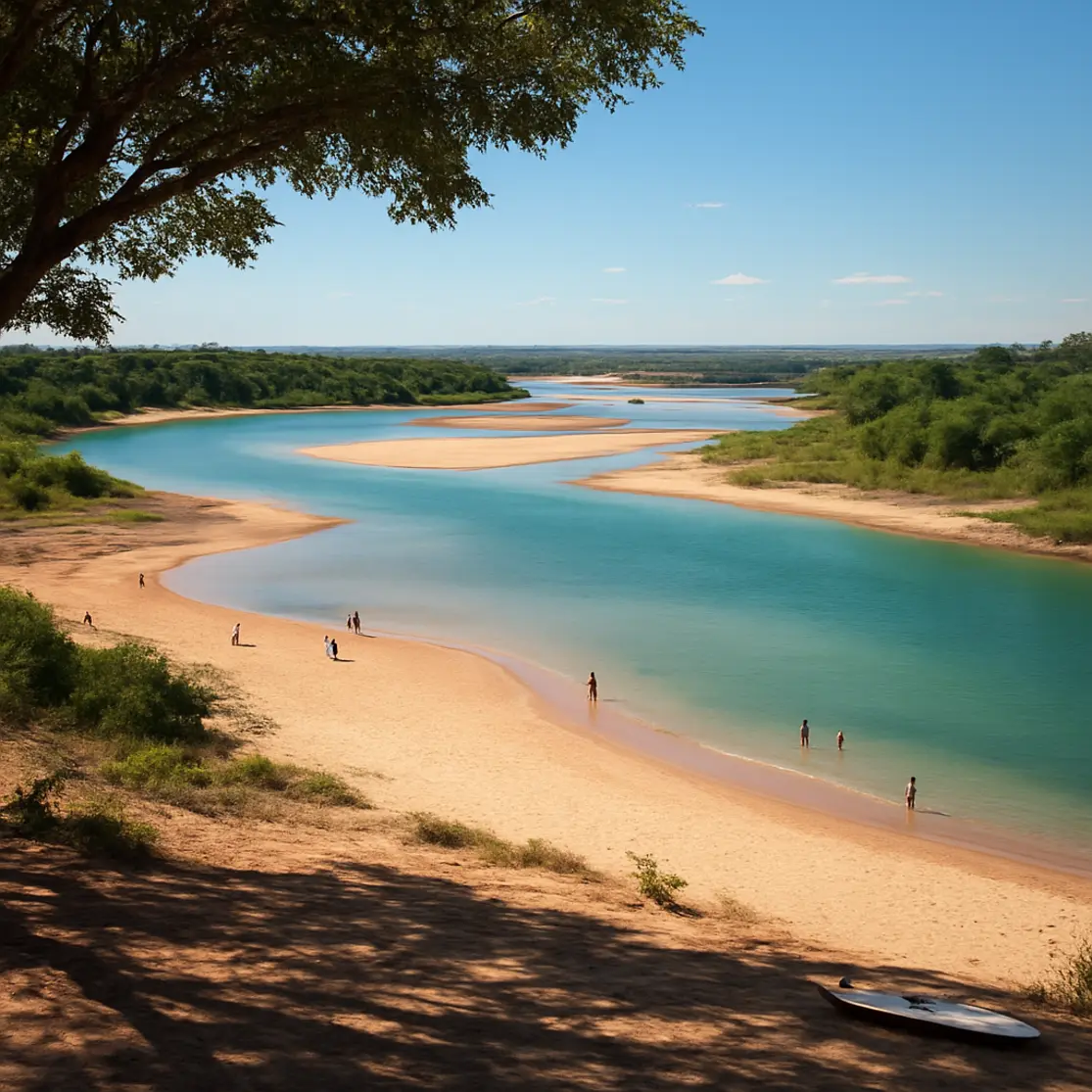 Panorâmica ambiental da curva do rio e praias de areia com vegetação do cerrado