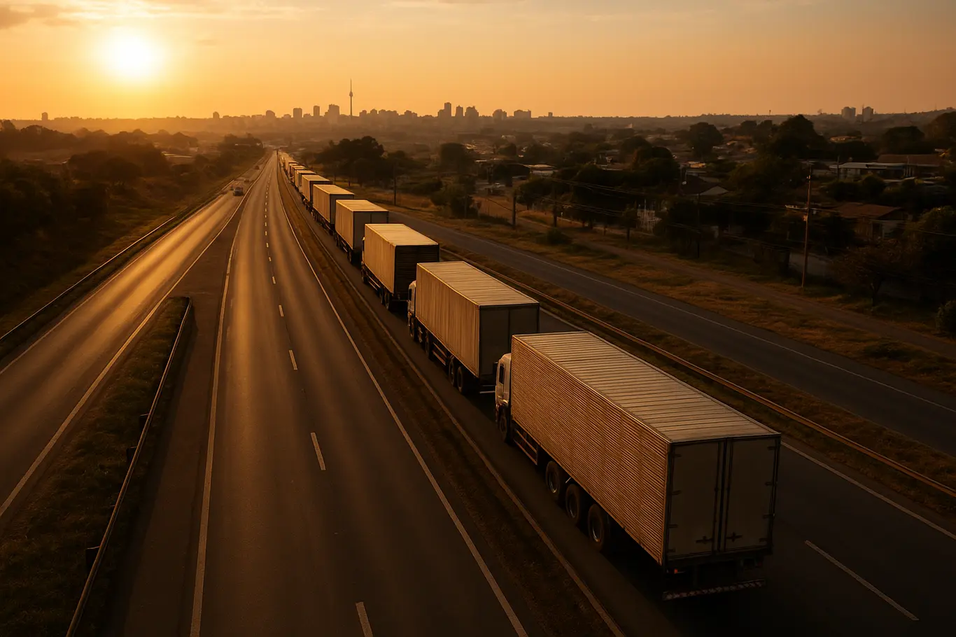 Fila de caminhões na rodovia rumo a Brasília vista de um viaduto ao pôr do sol
