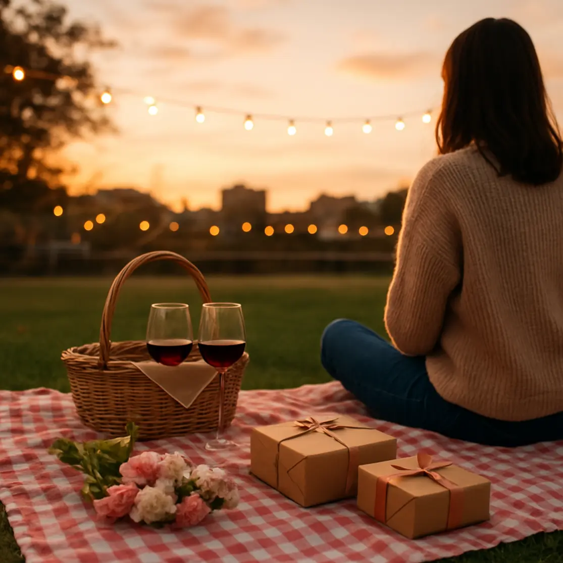 Piquenique ao entardecer com presentes, flores e luzes, figura vista de costas