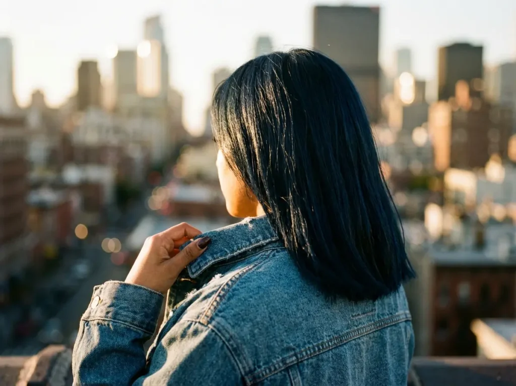 Qual tom de pele combina com cabelo preto azulado? Pessoa de três-quartos de costas com cabelo preto azulado ao pôr do sol em ambiente urbano, destacando tom de pele oliva e textura do casaco.
