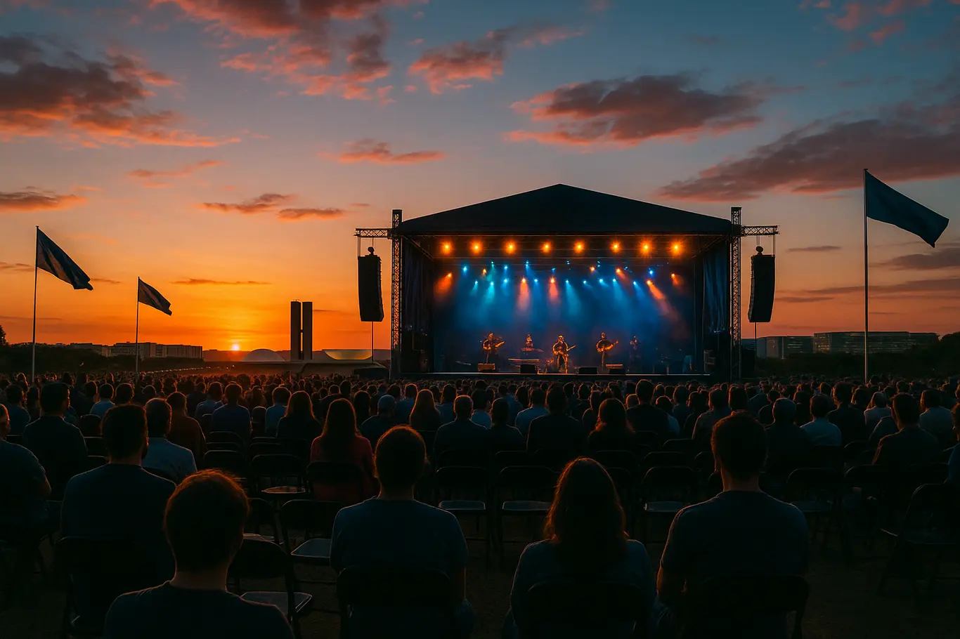 Concerto ao ar livre em Brasília ao entardecer com público visto de costas e palco iluminado