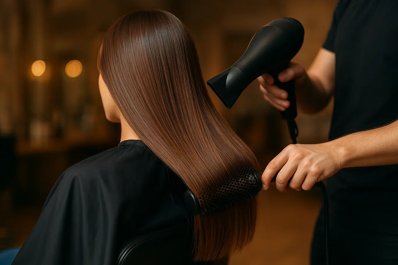 Plano médio de cliente de três quartos enquanto cabeleireiro modela o cabelo liso com secador e escova térmica; rosto não identificável.
