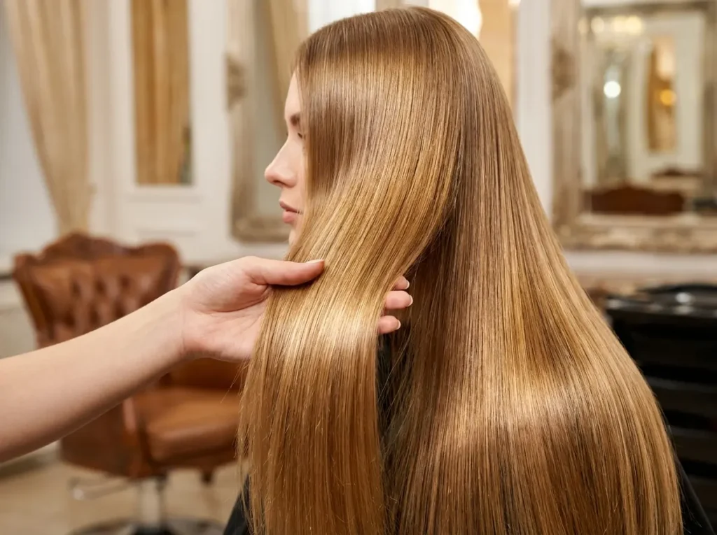 Mulher de perfil 3/4 mostrando cabelo liso e brilhante com progressiva; mão passando pelos fios, salão desfocado ao fundo.