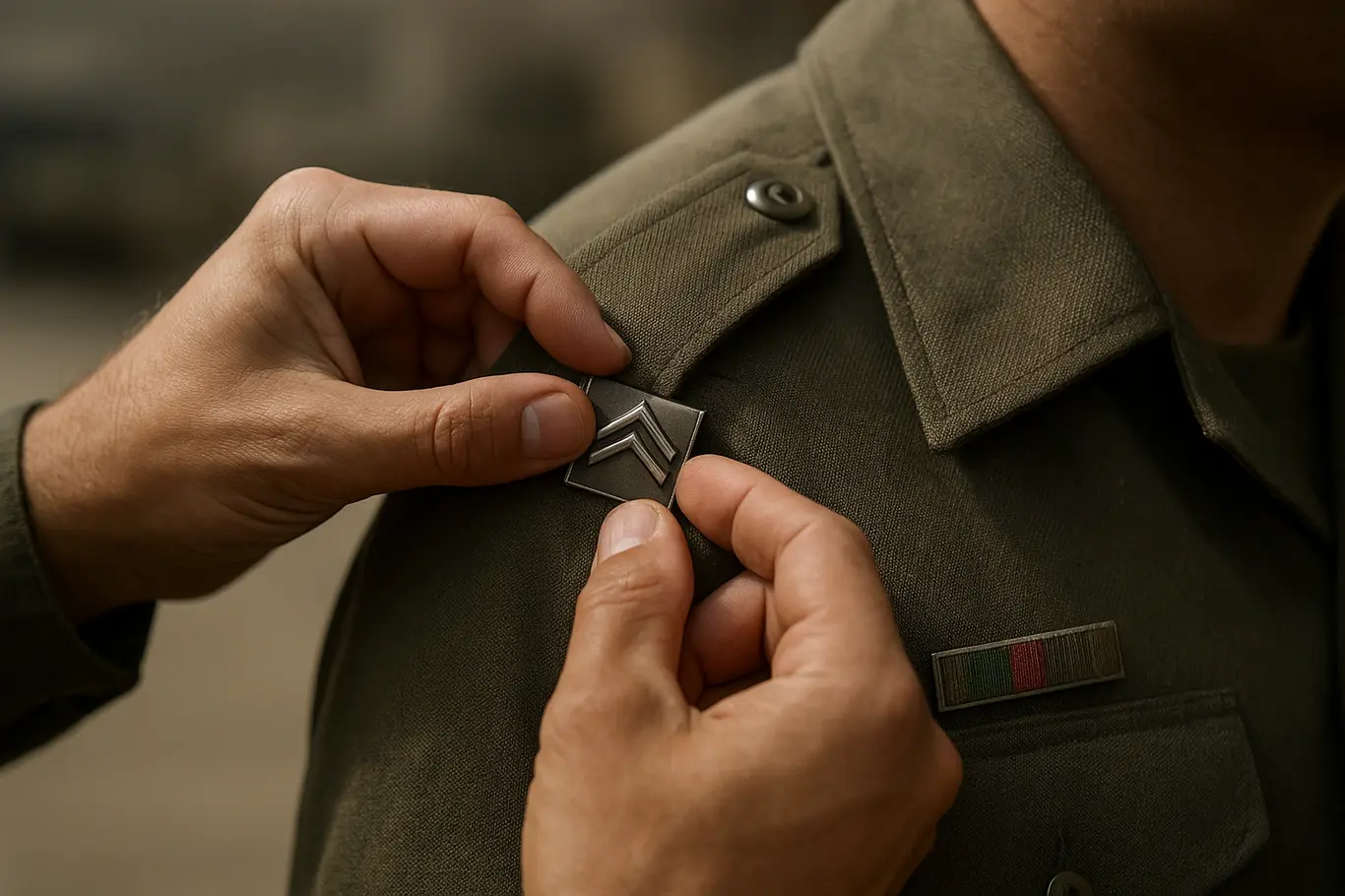 Close nas mãos de um militar fixando uma insígnia de patente no ombro de um uniforme, fundo do quartel desfocado.